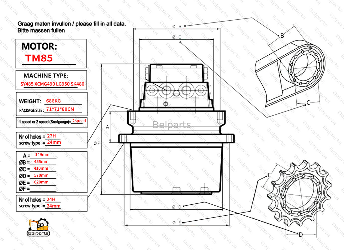 Belparts Excavator Travel Motor assy TM85 SY485 XCM490 LG950 SK480 Финальный привод Assy для кобелько sany